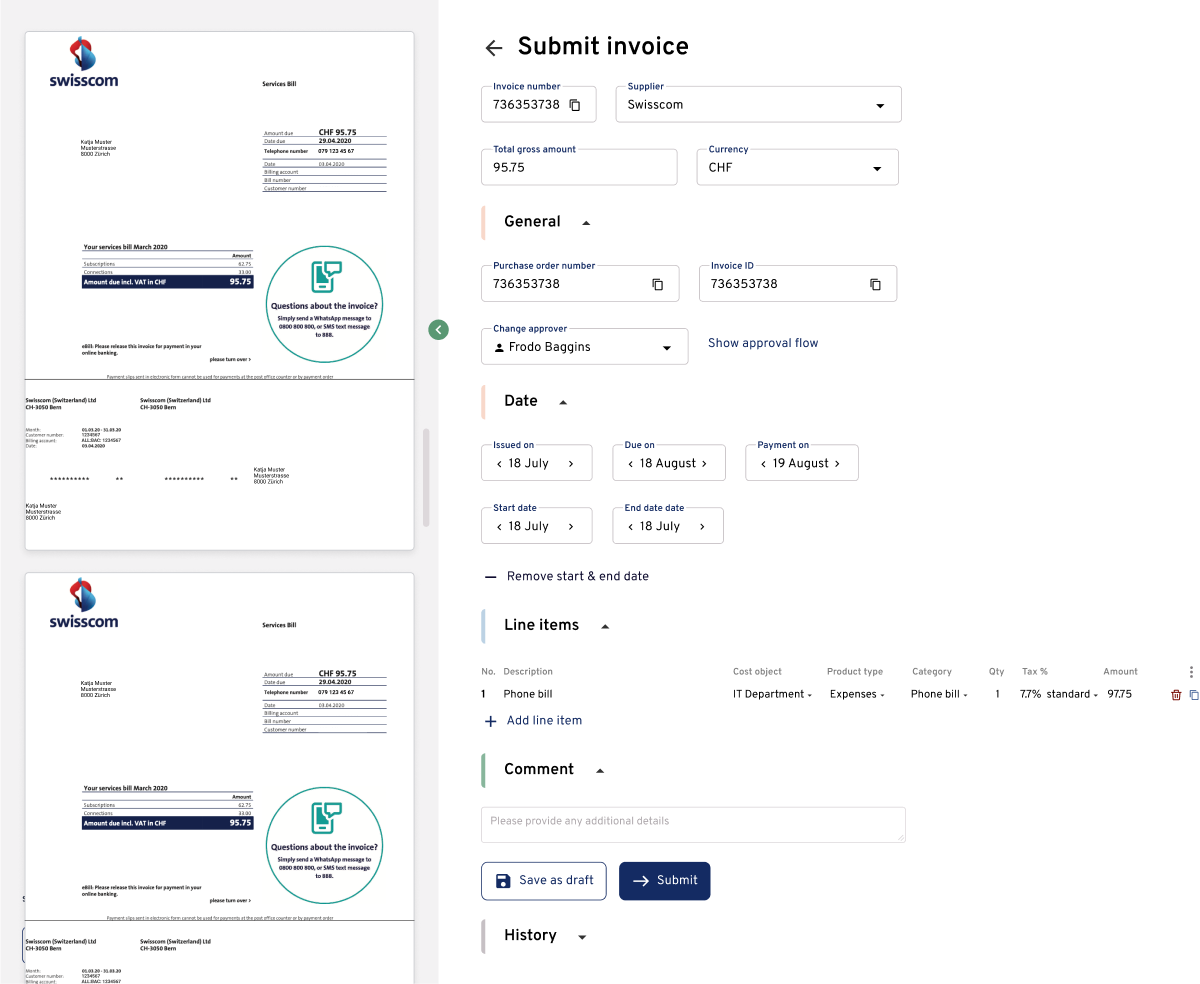 Design iteration 4: Sections as accordions, scrollable multi-page invoices